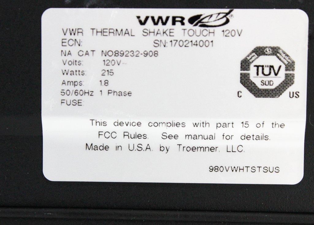 VWR Thermal Shake Touch 89232-908 Incubator Shaker Precise Temp Control 120V