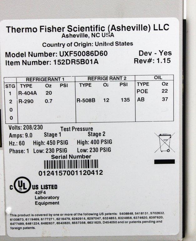 Thermo UXF50086D60 Ultra Low Freezer -86C Cold Storage