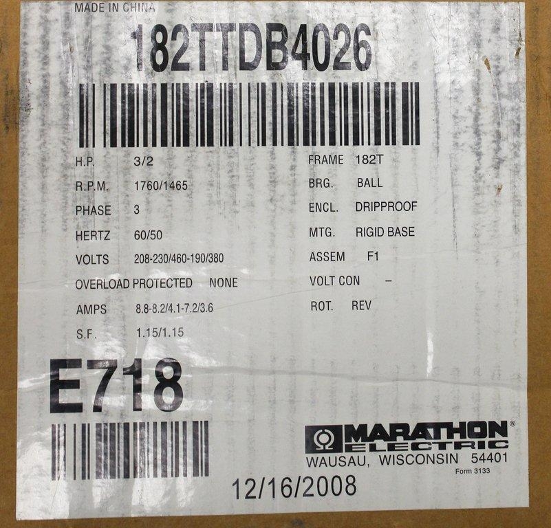 Marathon FVN 182TTDB4026BR Motor 3 Phase 1760 RPM 3 HP 50/60 Hz USA