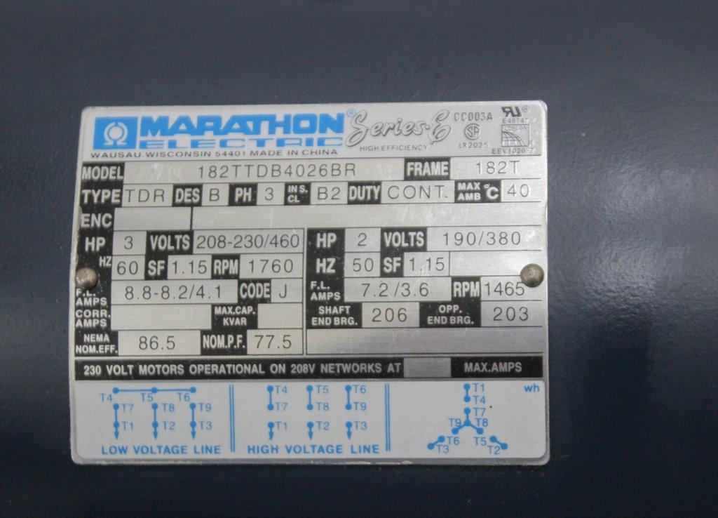 Marathon FVN 182TTDB4026BR Motor 3 Phase 1760 RPM 3 HP 50/60 Hz USA