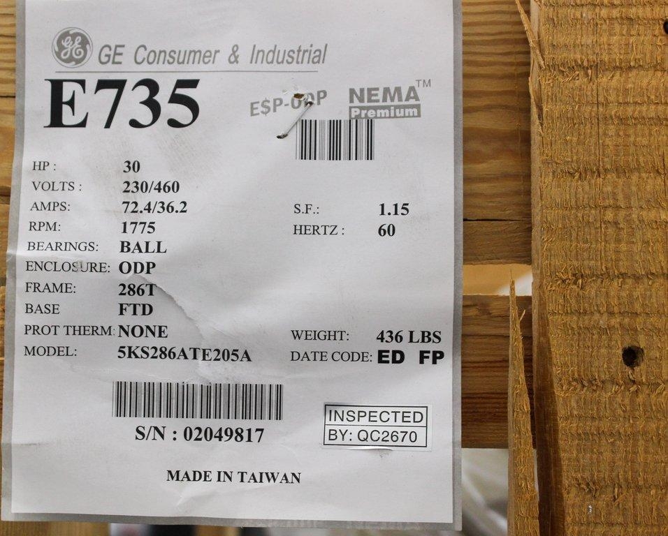 GE 5KS286ATE205A Motor 30 HP Frame E735 Industrial USA 230-460V 1775 RPM