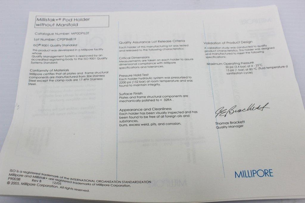 Millipore MP0DPILOT Pilot Scale Pod Holder Process Accessory 304 SS