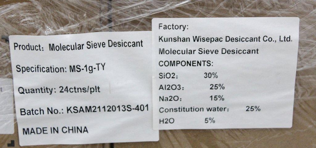 Kunshan Wisepac Molecular Sieve 1g Desiccant 12000pcs Pallet Lab Supply