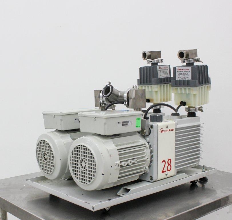 Edwards Dual E2M28 Vacuum Pump Set with Drip Pan, Dual-Stage, Quiet Operation
