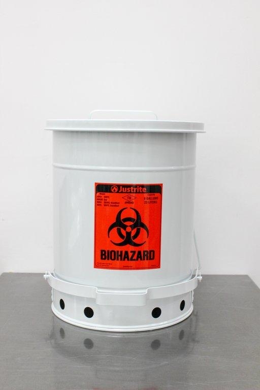 Justrite 6 Gal. Biohazard Waste Can, Steel, Foot-Operated, Self-Closing, White