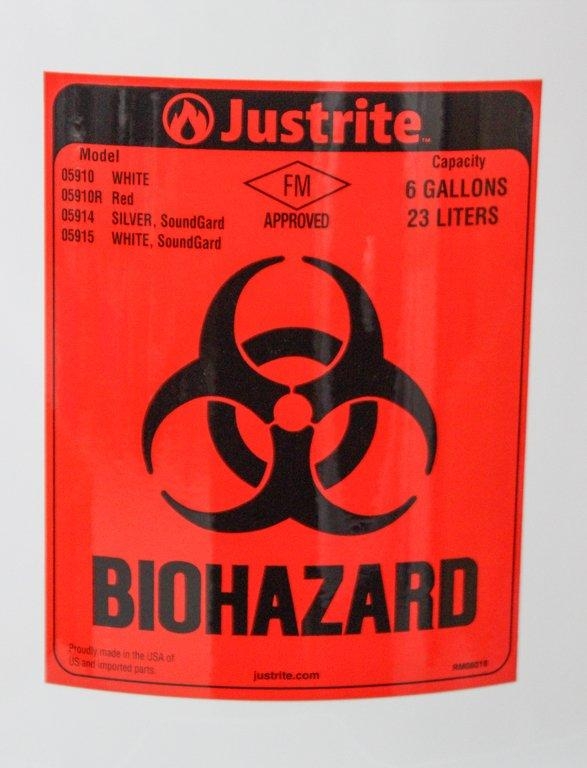 Justrite 6 Gal. Biohazard Waste Can, Steel, Foot-Operated, Self-Closing, White
