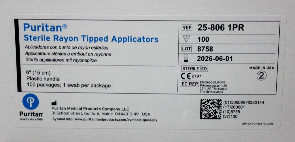 Puritan Sterile 6'' Rayon Tipped Applicators Medical Testing Supplies