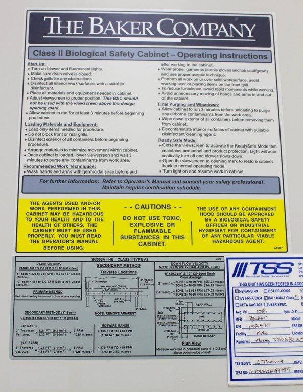 The Baker SG503A-HE Biosafety Cabinet Biological Safety 120V 60Hz Includes Stand