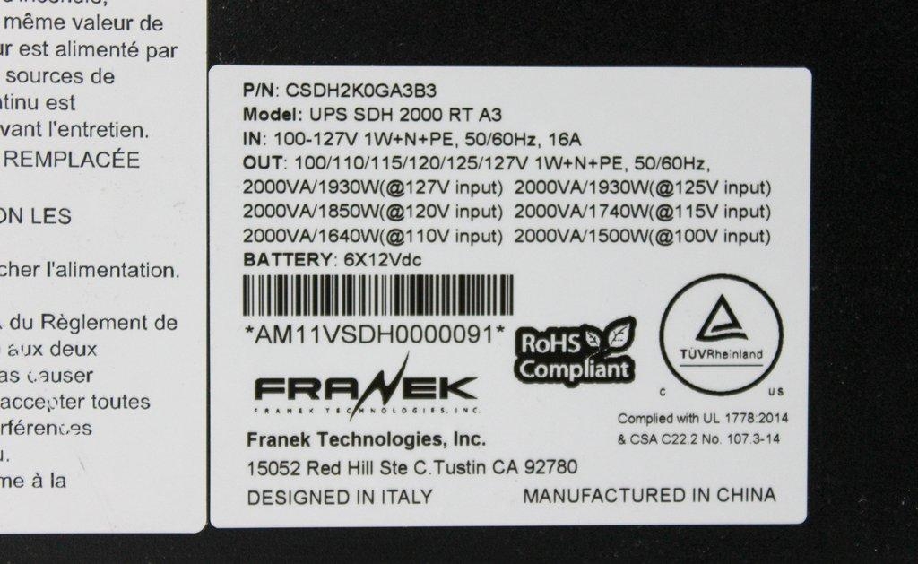 Franek UPS SDH 2000 RT A3 Power Supply UPS 2000VA 1930W 100 to 127V 50 60Hz 2021