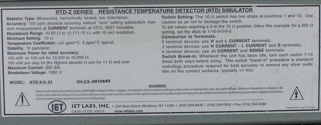 iET Labs Inc. RTD-X-6-01 Series Resistance Temperature Detector Simulator, Good Condition