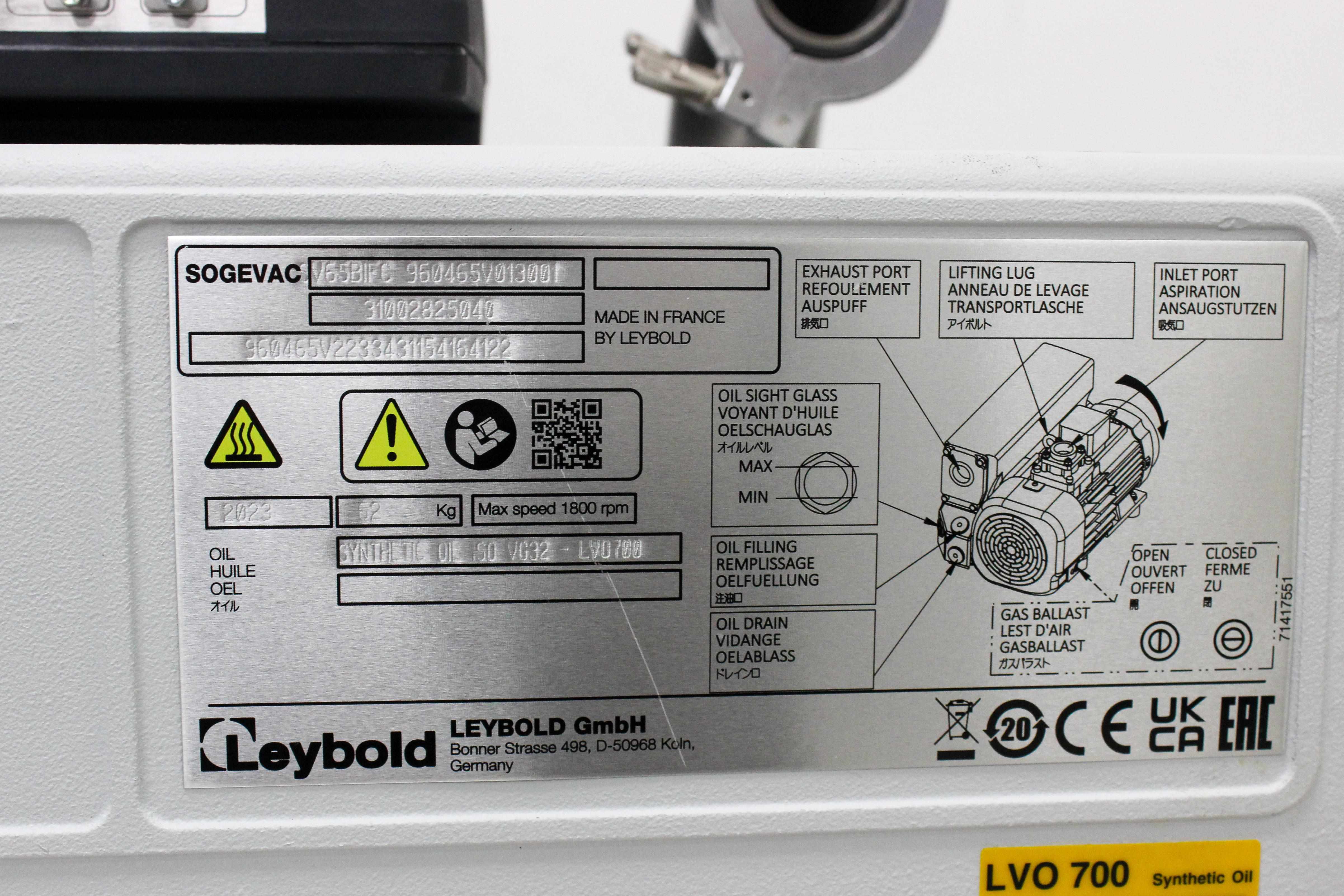 Leybold Sogevac SV65 BI FC Vacuum Pump VG Condition 200-240V 50/60Hz