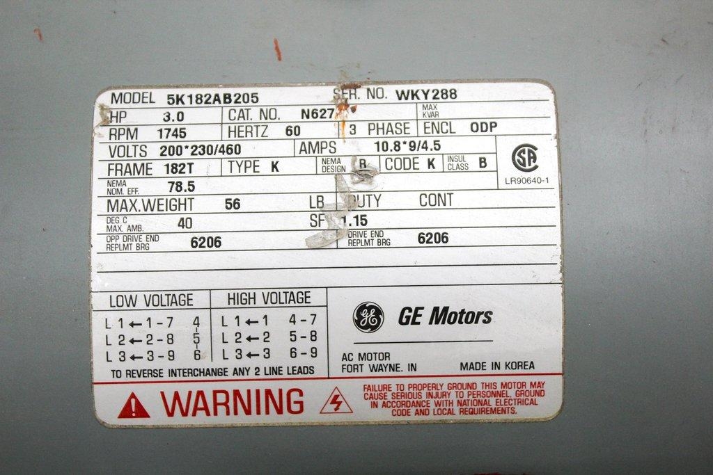 GE Motors 5K182AB205 Motor, 1745 RPM Electric Motor, Used, 460V 60Hz