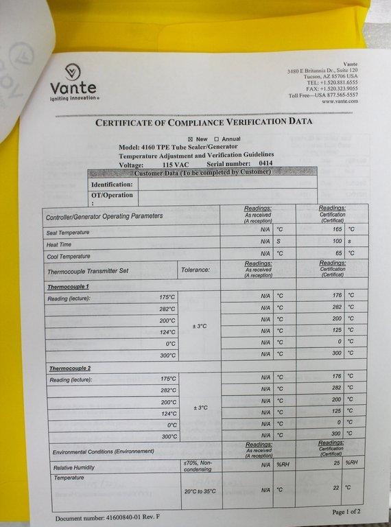 Vante 4160 Tube Sealer With Thin Sealing Head New Lab Equipment