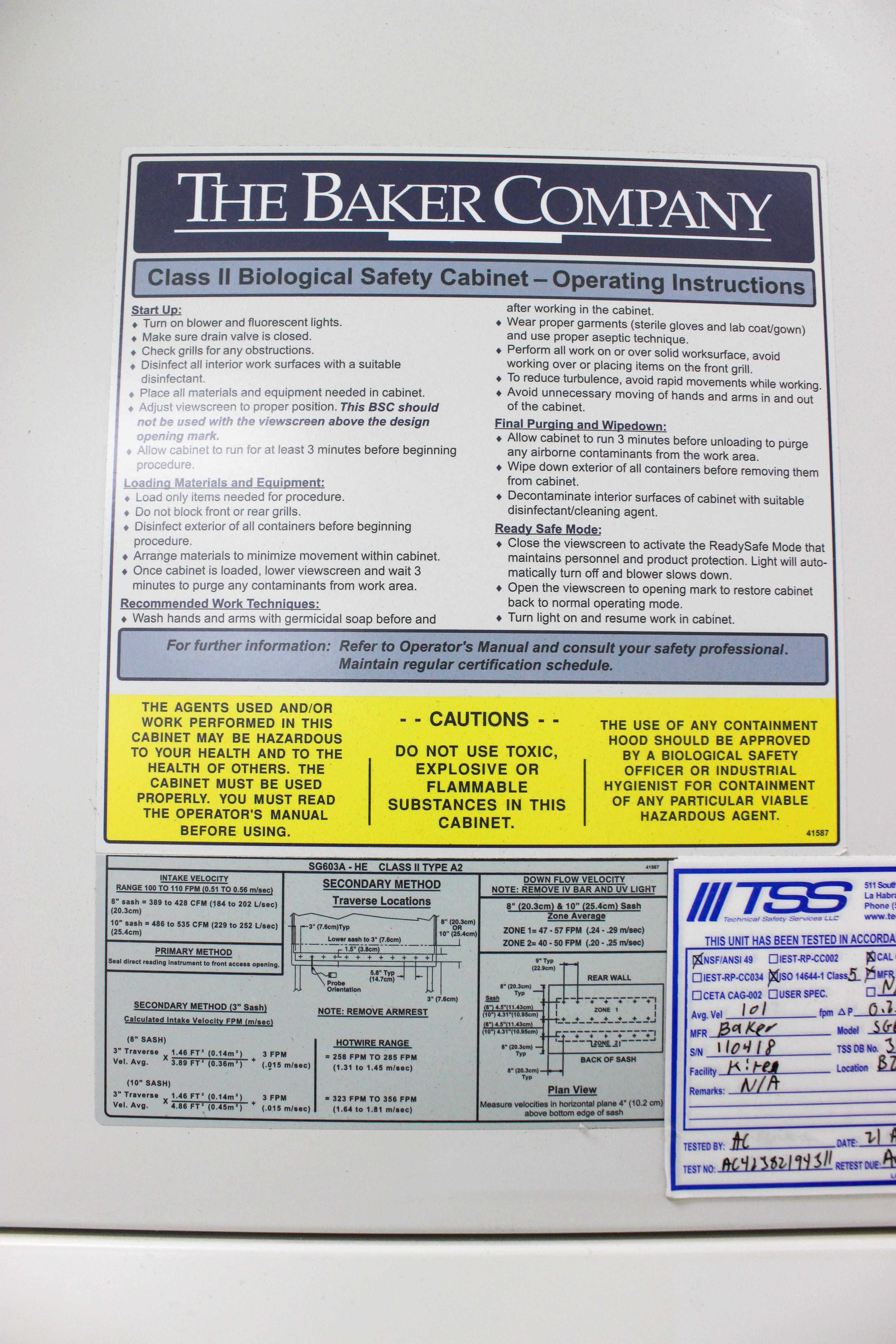 Baker SG603 HEPA Biosafety Cabinet Class II A2 with Airflow Control 2013