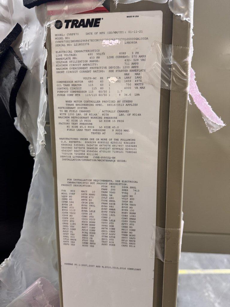 Trane CVHF070 Chiller HVAC Centrifugal 400V 453kW 2021 Model USA