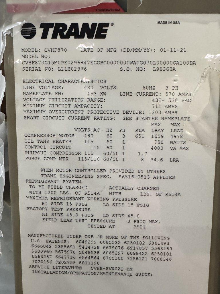 Trane CVHF070 Chiller HVAC Centrifugal 400V 453kW 2021 Model USA