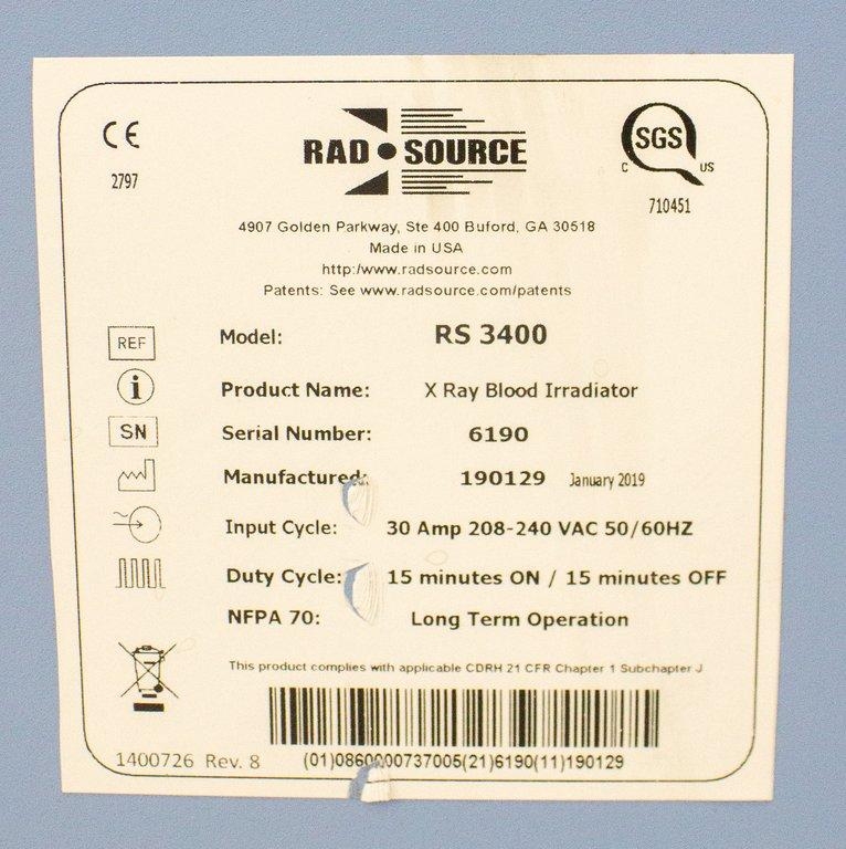 Rad Source RS 3400 Blood Irradiator X Ray 6L Capacity FDA Cleared 5 Min Cycle