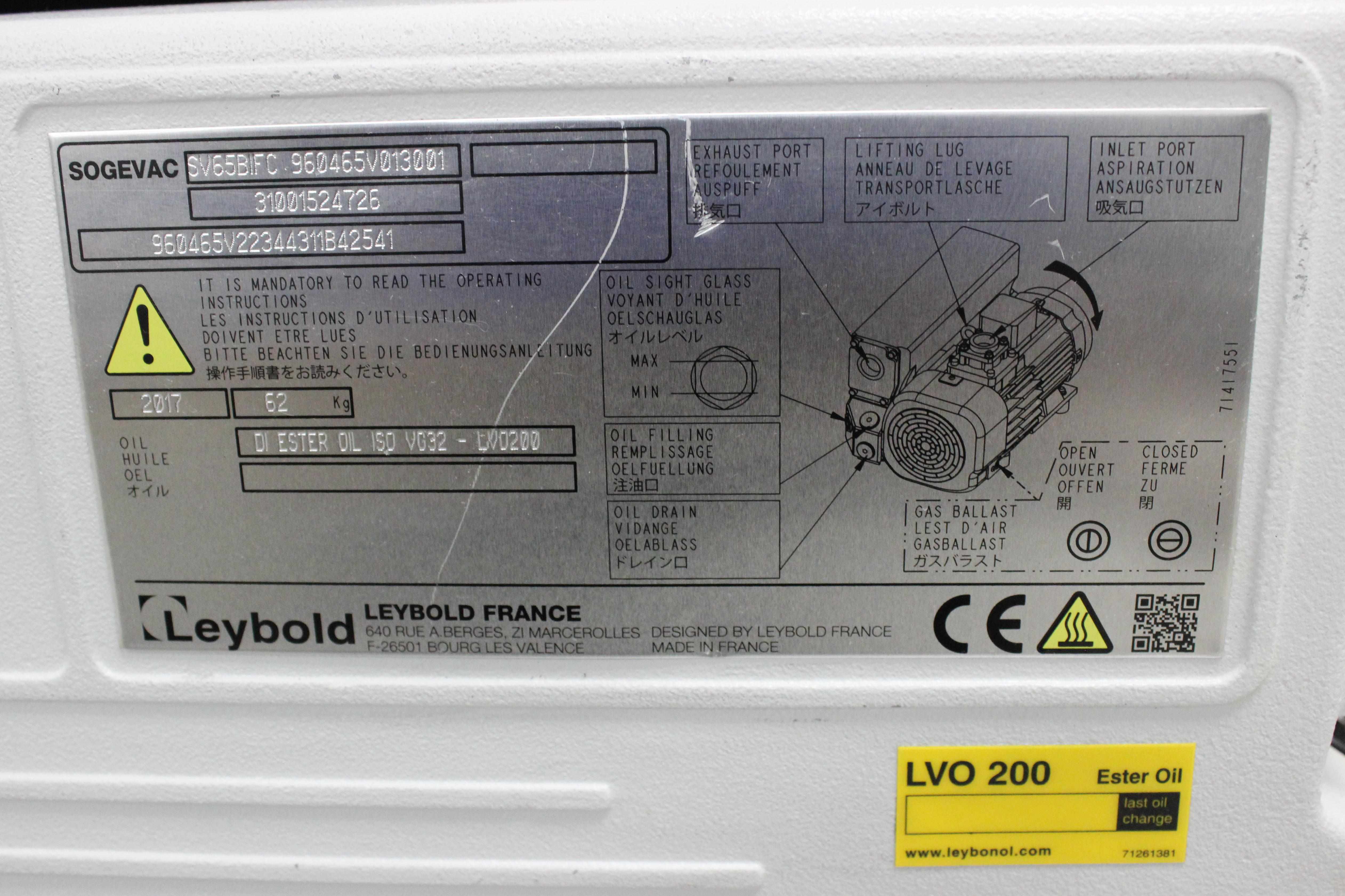Leybold SOGEVAC SV65BIFC Vacuum Pump Compact Design Low Noise Reliable
