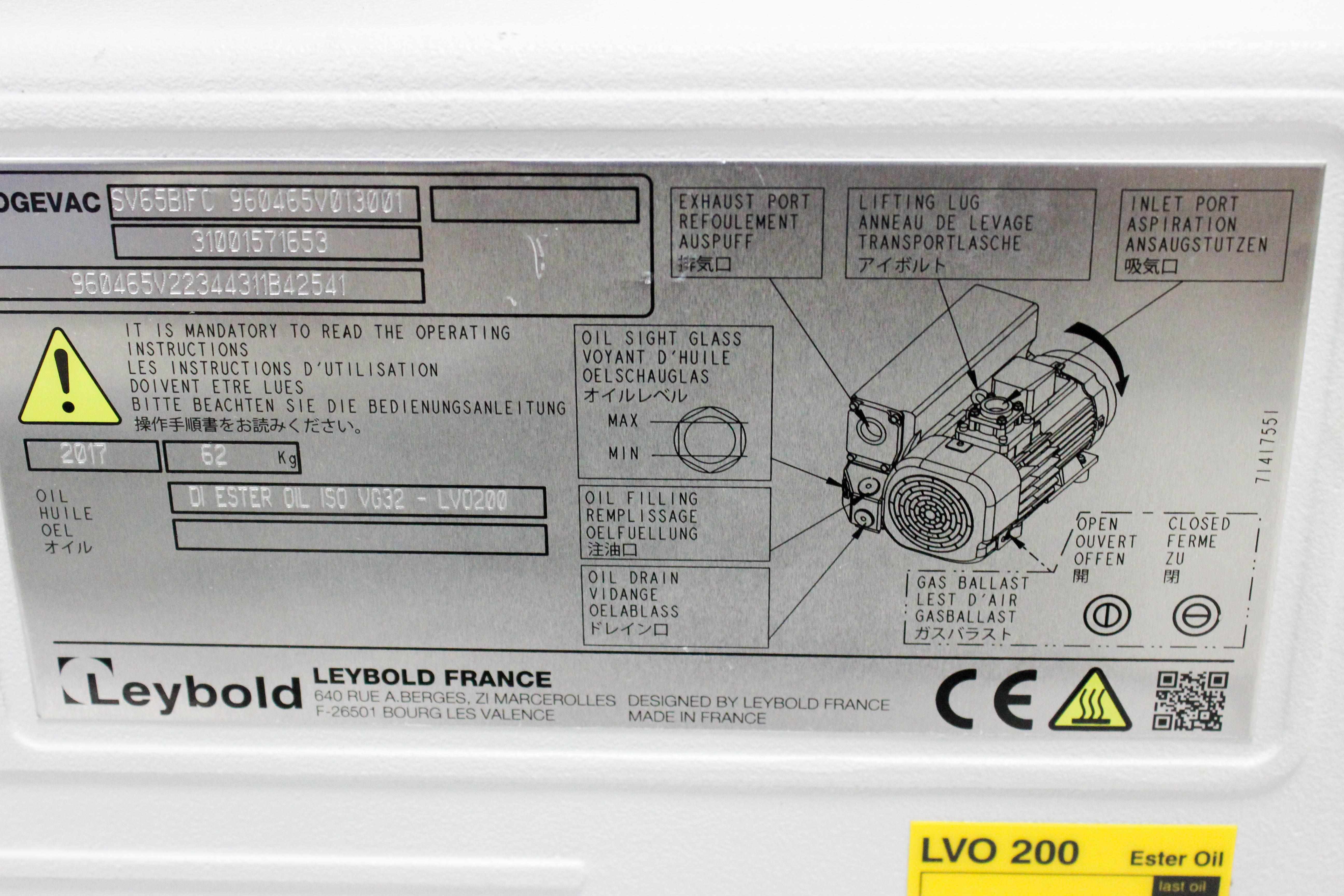 Leybold SOGEVAC SV65BIFC Vacuum Pump Compact Low Noise Oil Ballast 220V 50/60Hz