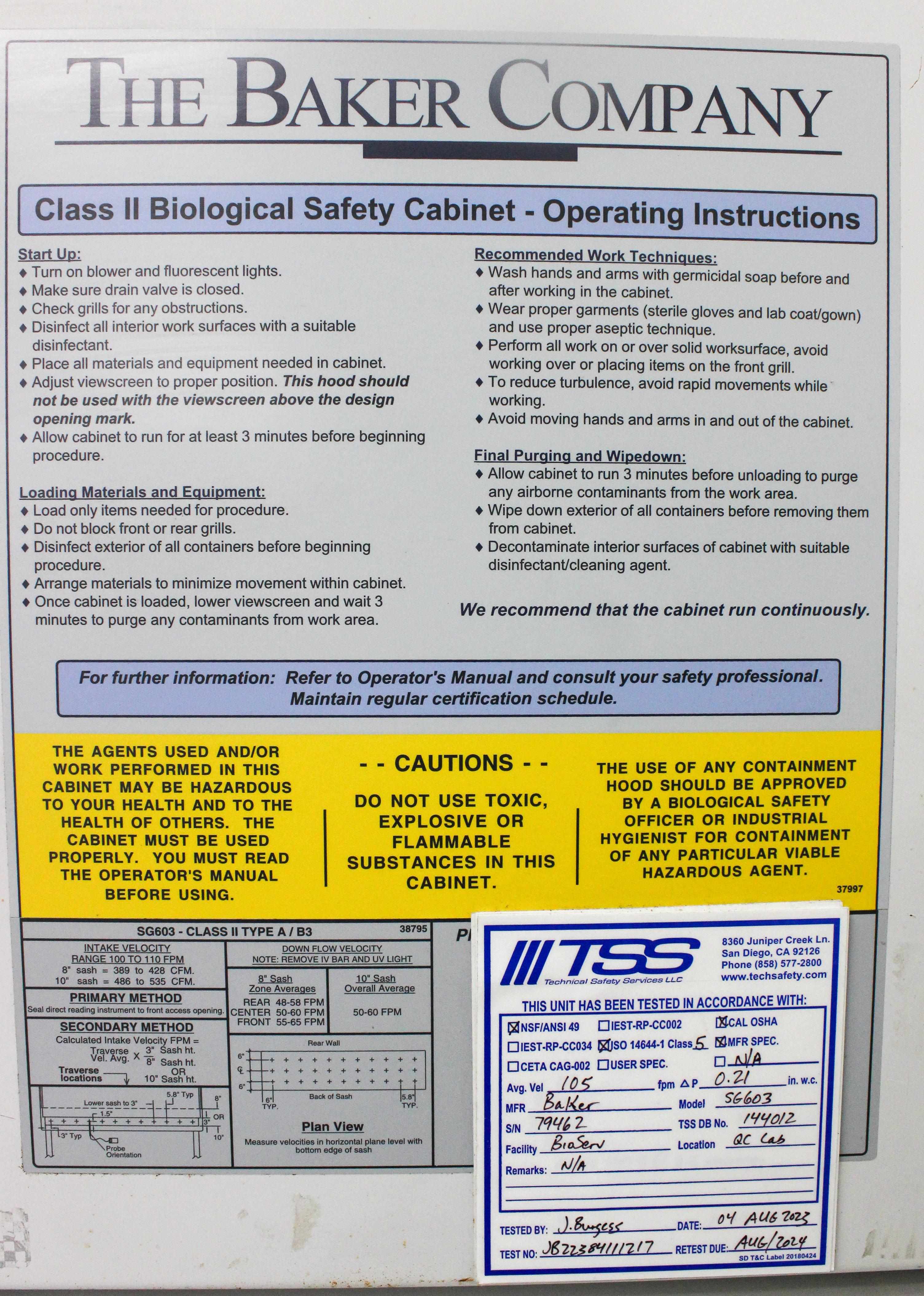 Baker SG603 Biosafety Cabinet Class II UV Decontamination No Stand Fair 2003