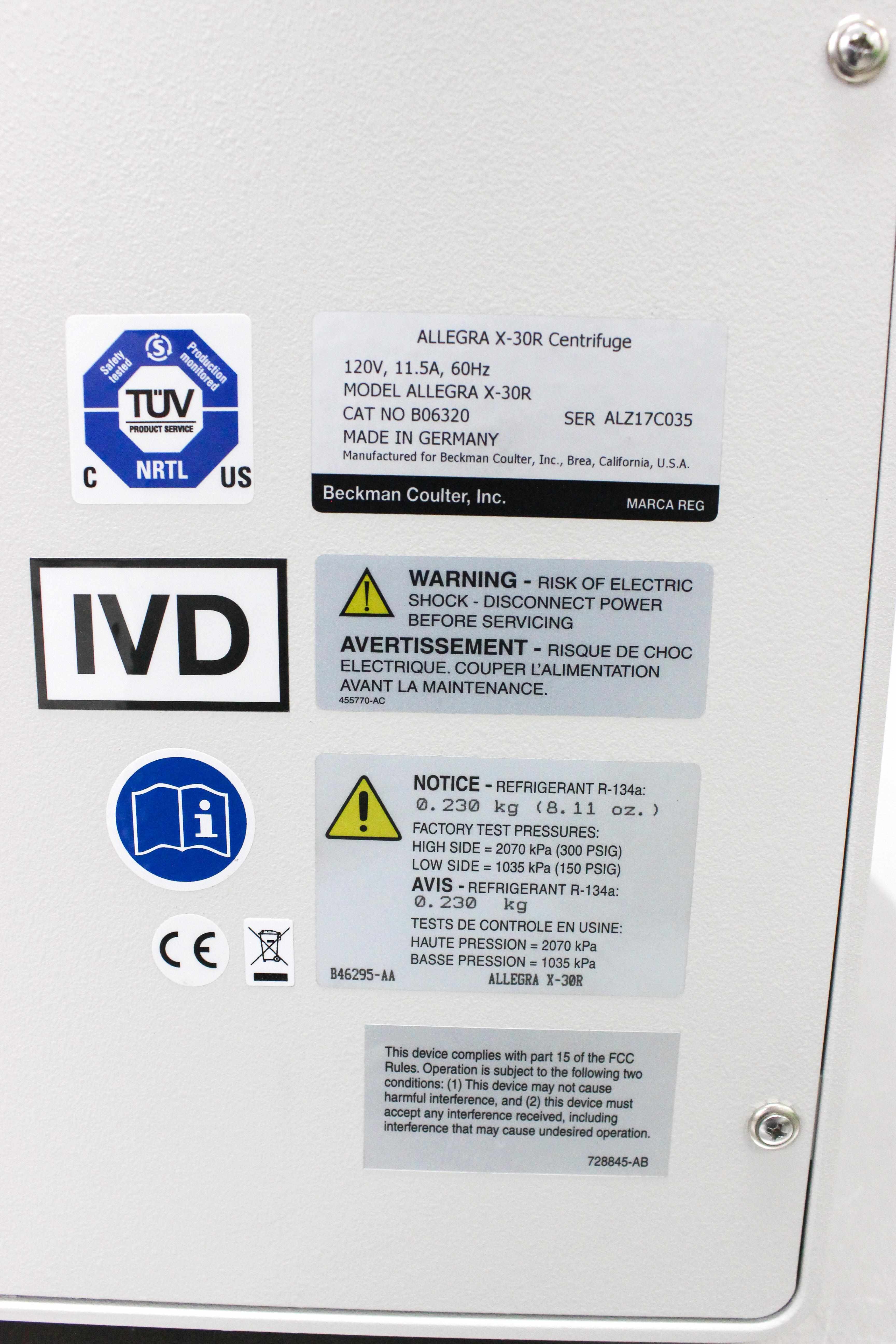 Beckman Allegra X30R Centrifuge 1.6L Capacity 18000 RPM 2-40C - Turn-Key