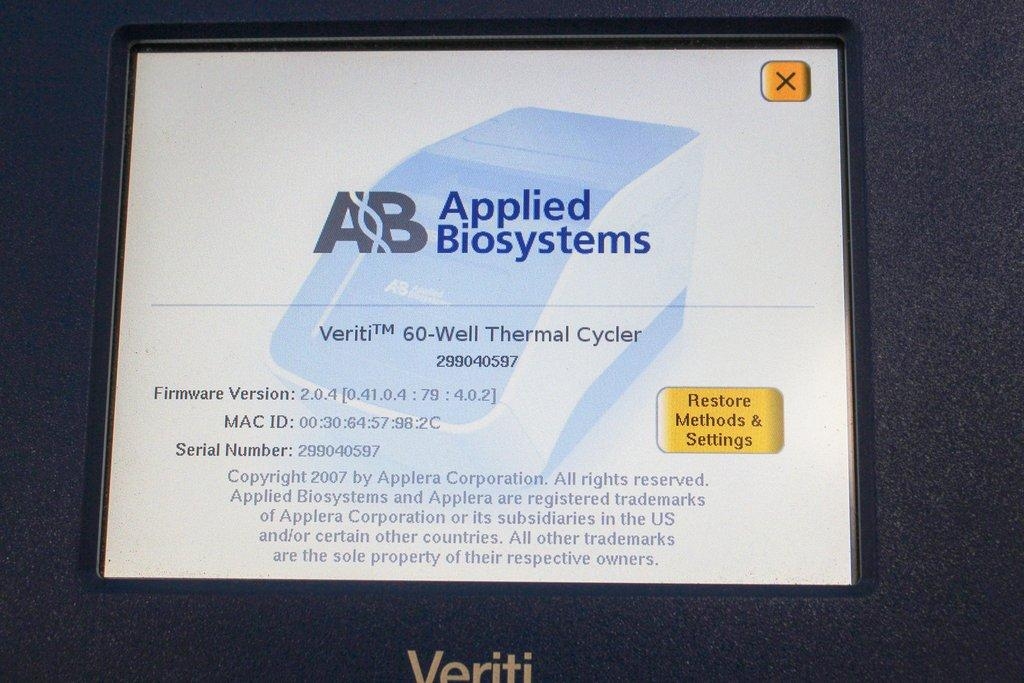 ABI Veriti 60-Well Thermal Cycler 0.5ml Tubes 4-99.9C 120V 50/60Hz VG Cond