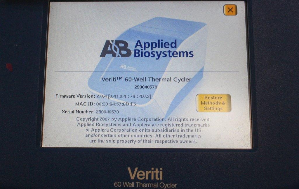 ABI Veriti 60-Well PCR Thermal Cycler 4-99.9C 0.5mL Capacity 2019 Model