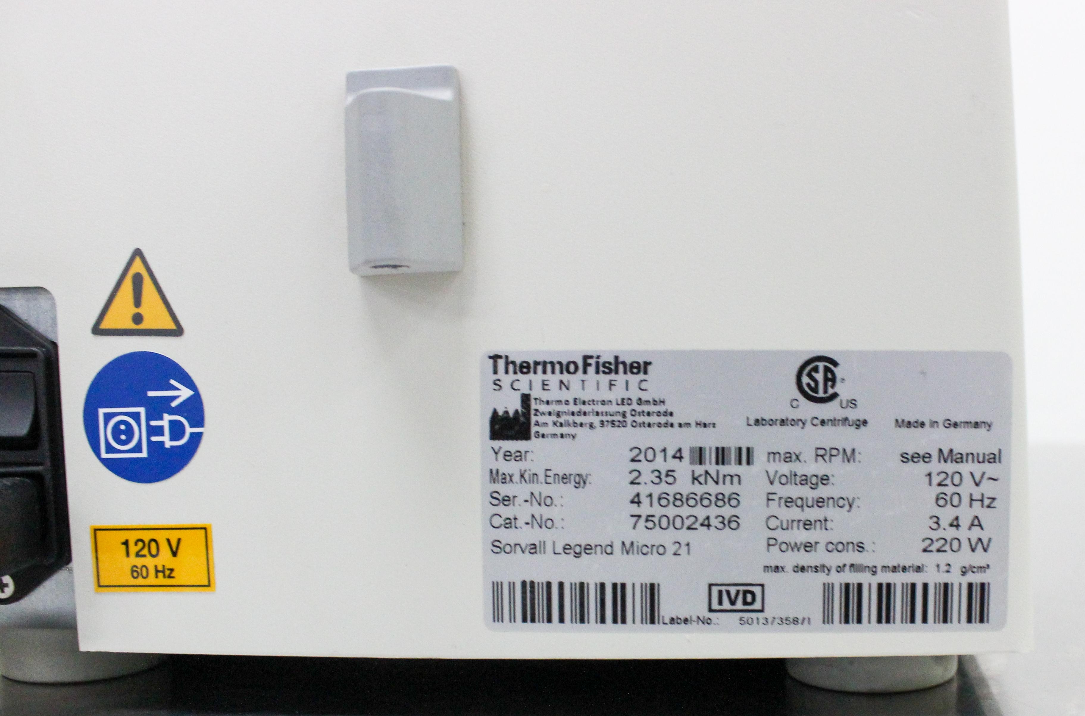 Thermo Sorvall Legend Micro 21 Centrifuge 14,800 RPM 120V Benchtop Rotor