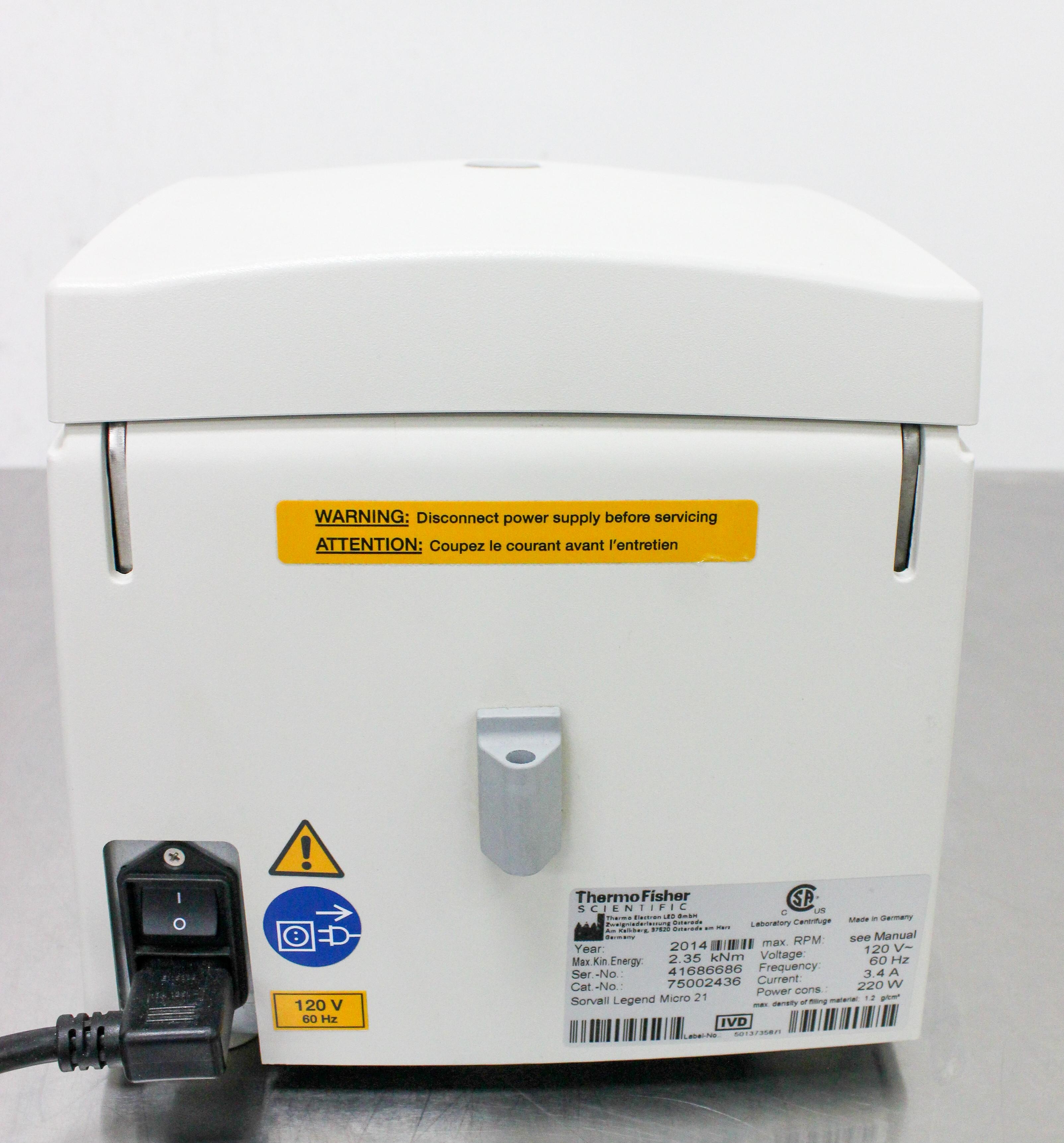 Thermo Sorvall Legend Micro 21 Centrifuge 14,800 RPM 120V Benchtop Rotor