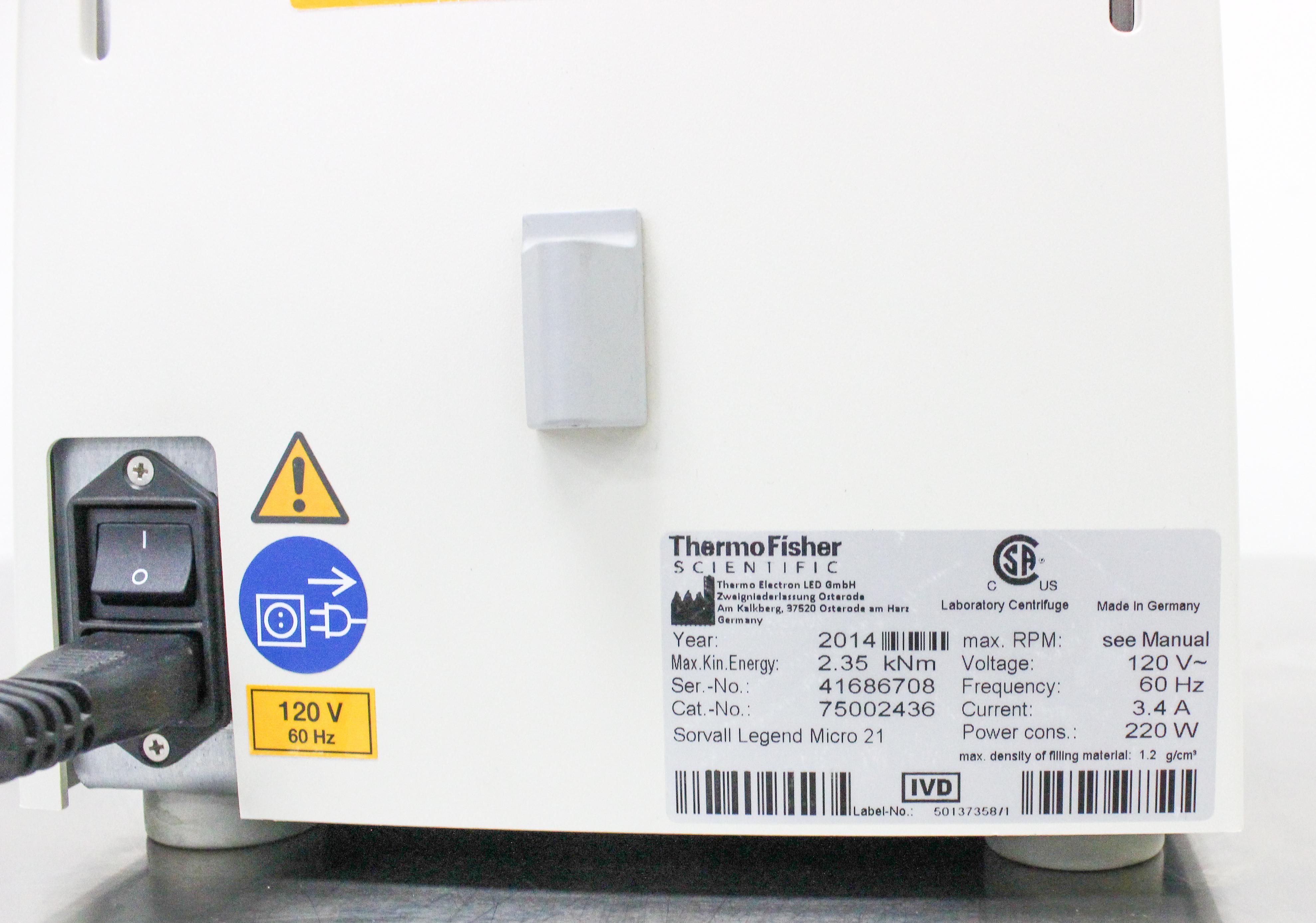 Thermo Sorvall Legend Micro 21 Benchtop Centrifuge 14,800 RPM 24x2mL