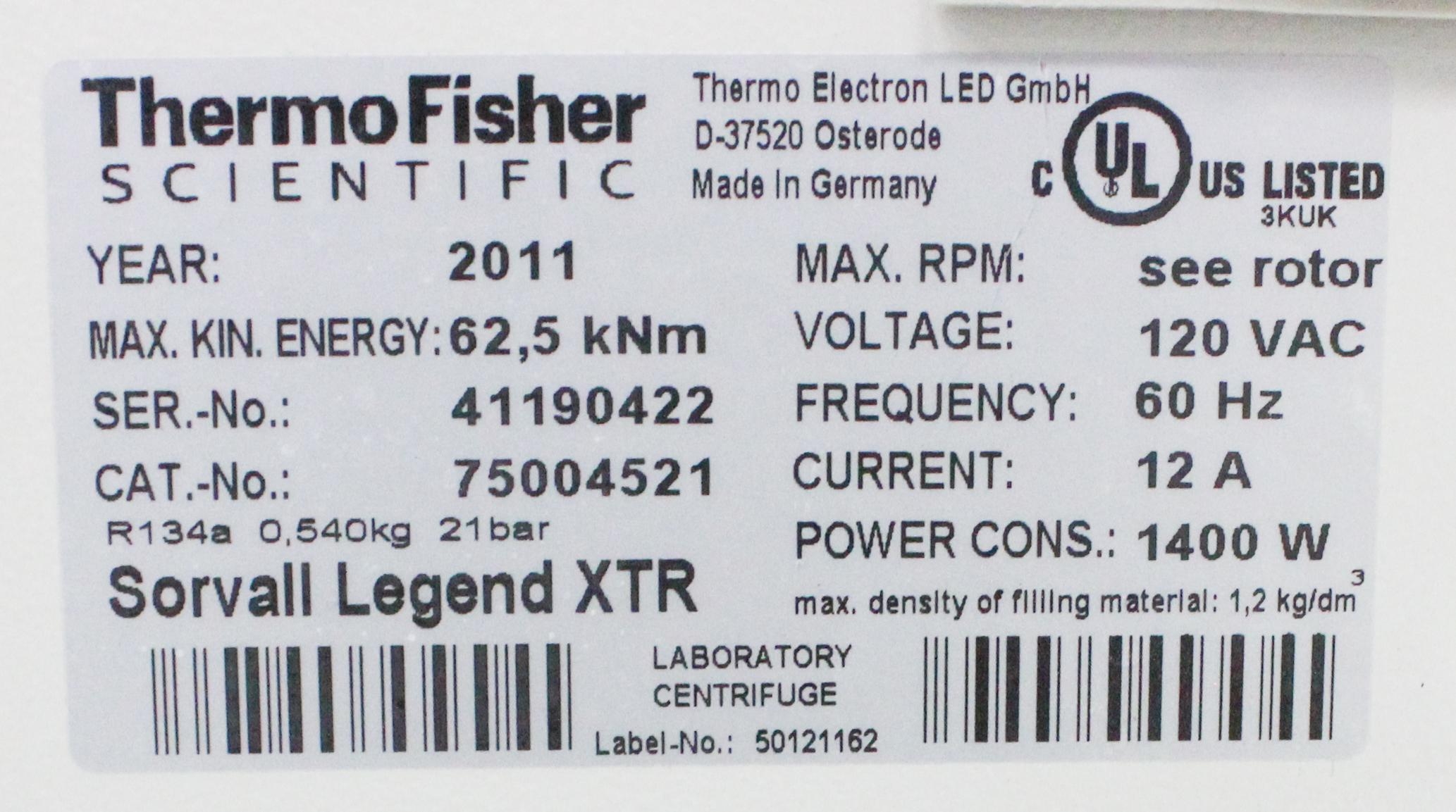 Thermo Sorvall Legend XTR Benchtop Centrifuge -10 to 40C 15200 RPM 4 x 1000mL