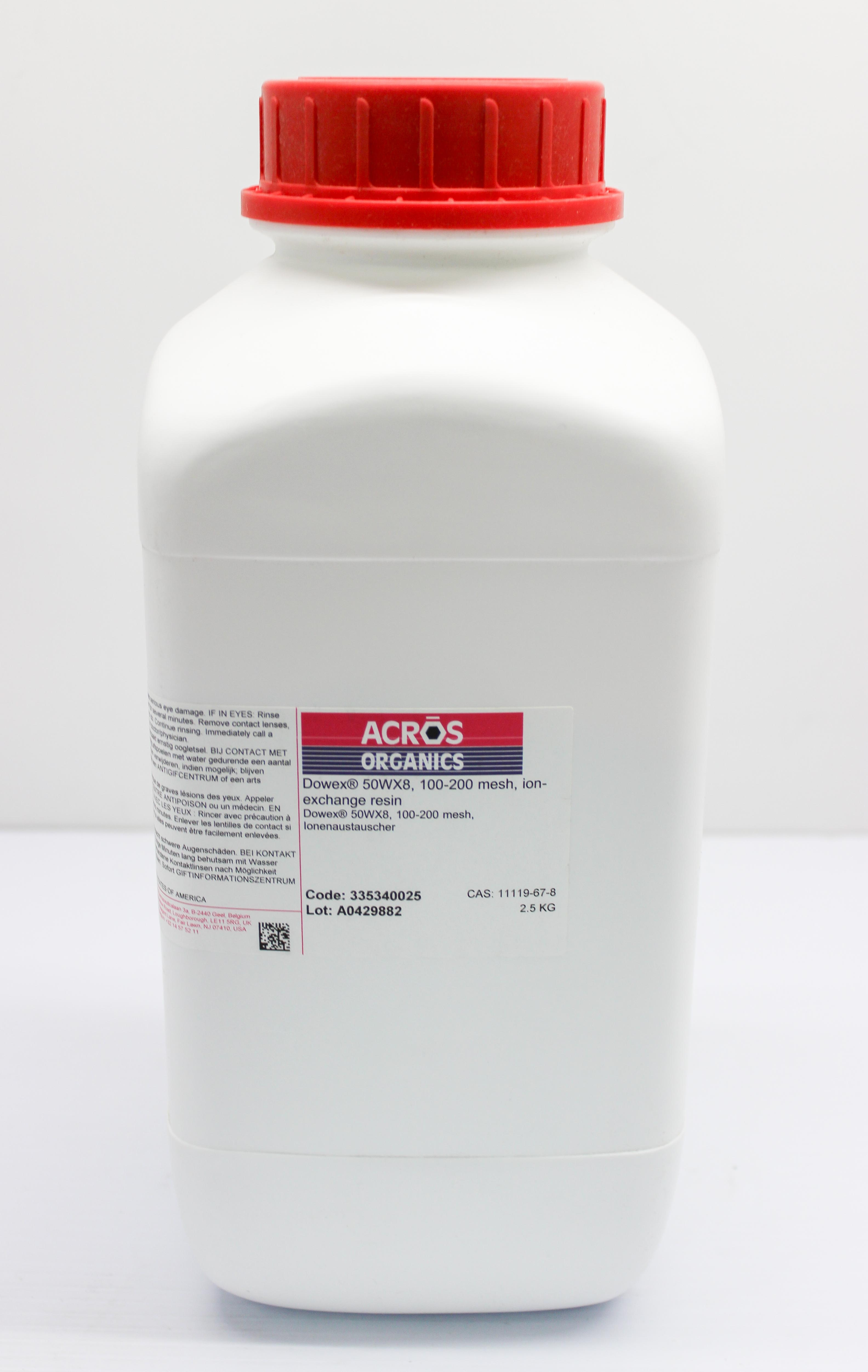 Acros Dowex 50WX8 Ion Exchange Resin, 100-200 Mesh, Cation Exchange, 2.5 kg