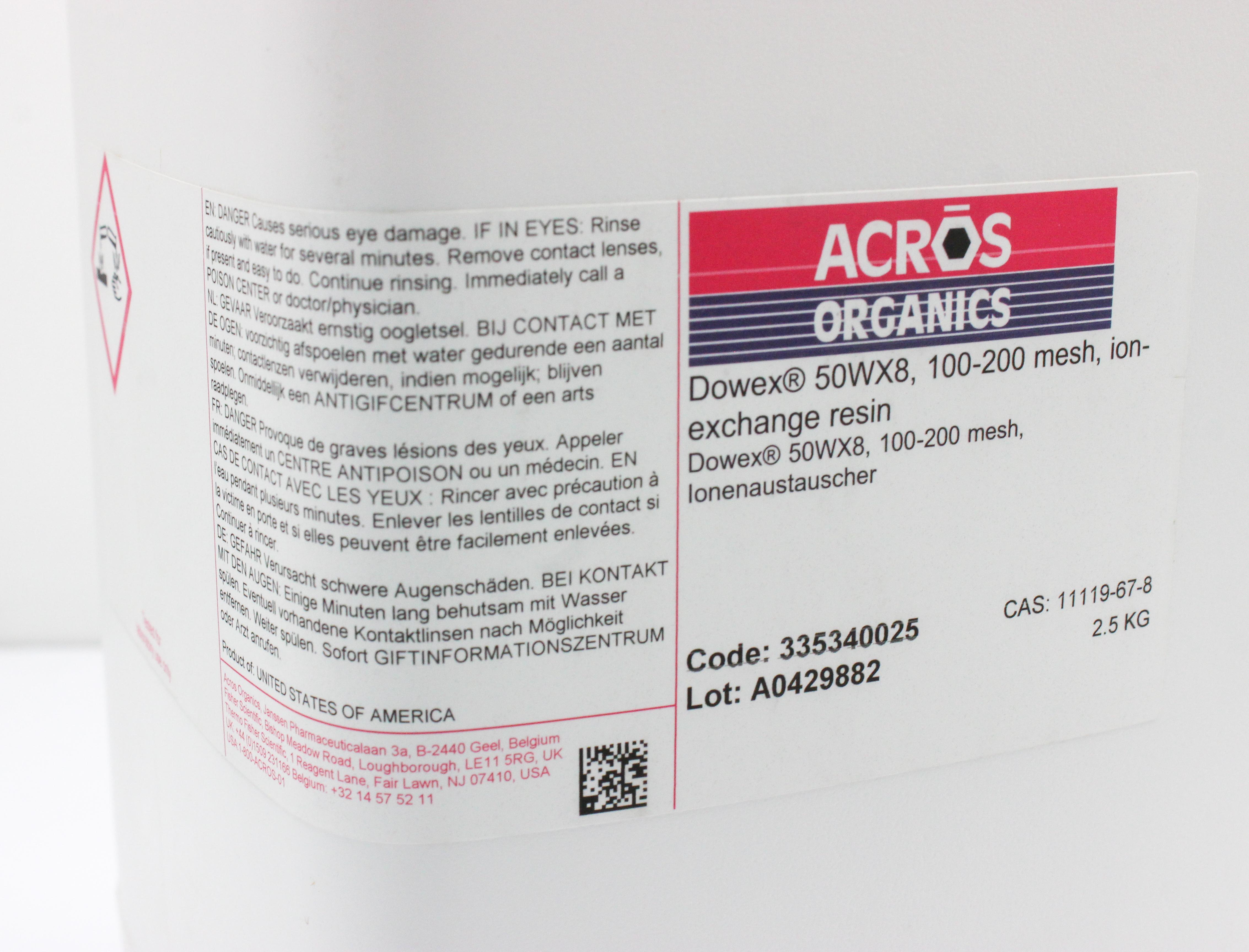 Acros Dowex 50WX8 Ion Exchange Resin, 100-200 Mesh, Cation Exchange, 2.5 kg