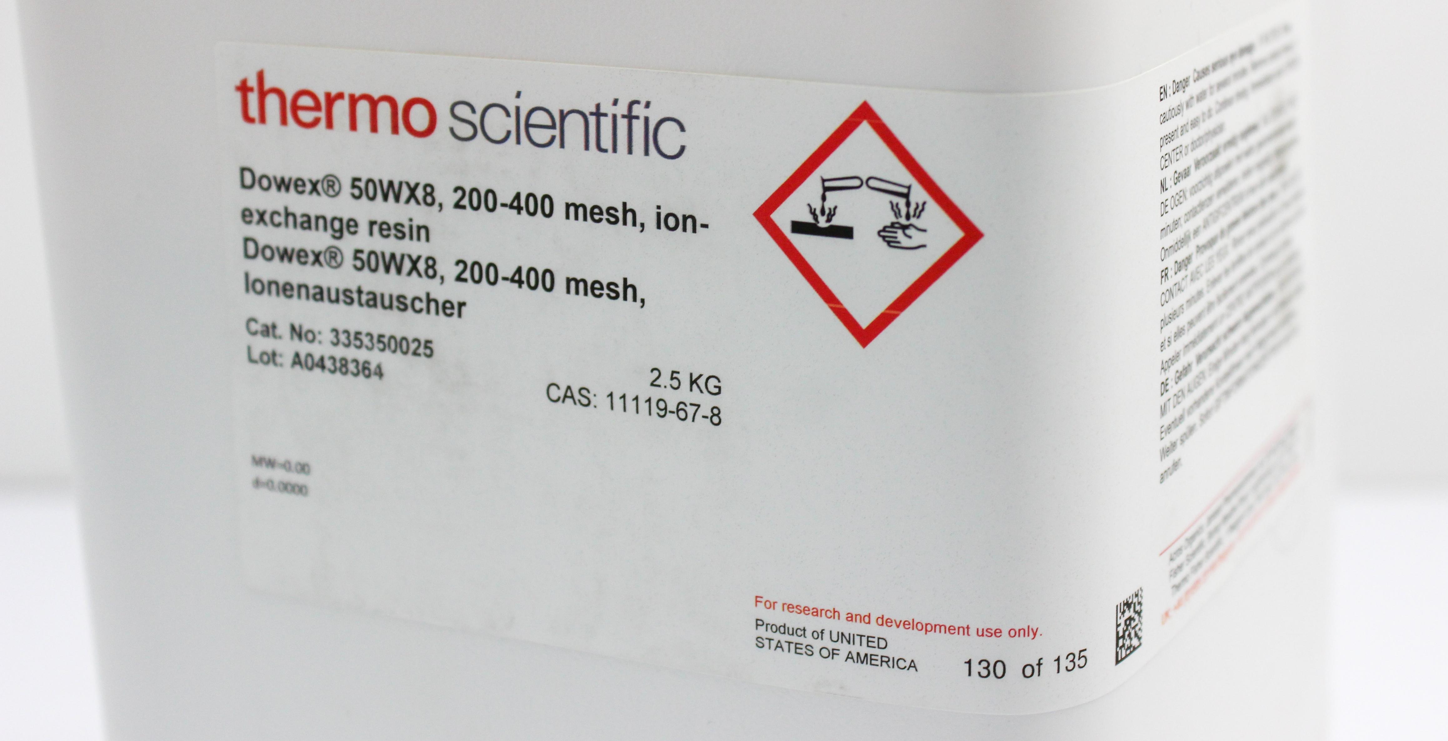 Thermo Dowex 50WX8 Cation Exchange Resin 200-400 Mesh Chromatography 2.5KG