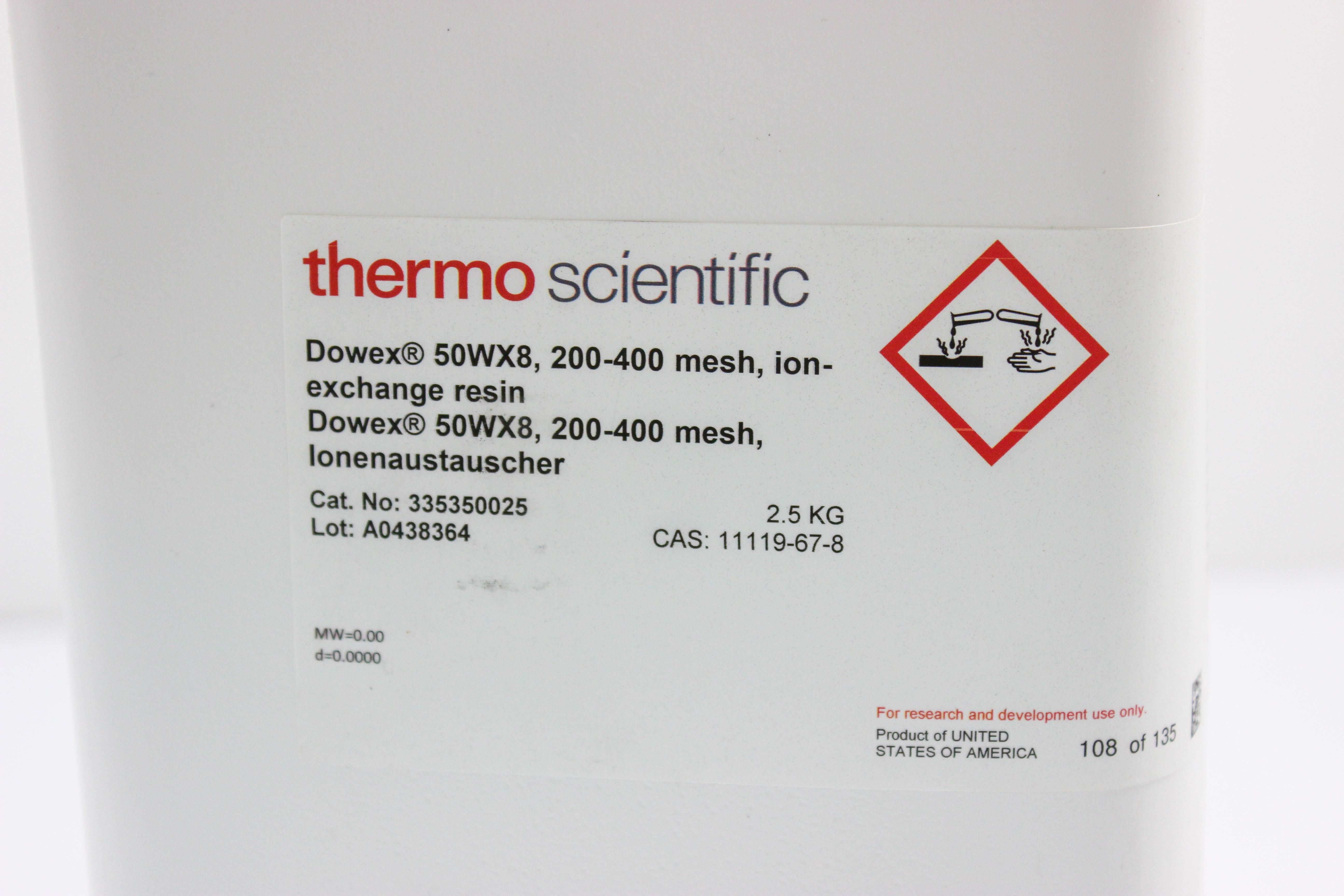 Thermo Dowex 50WX8 Ion Exchange Resin Cation Separation 200-400 Mesh 2.5KG