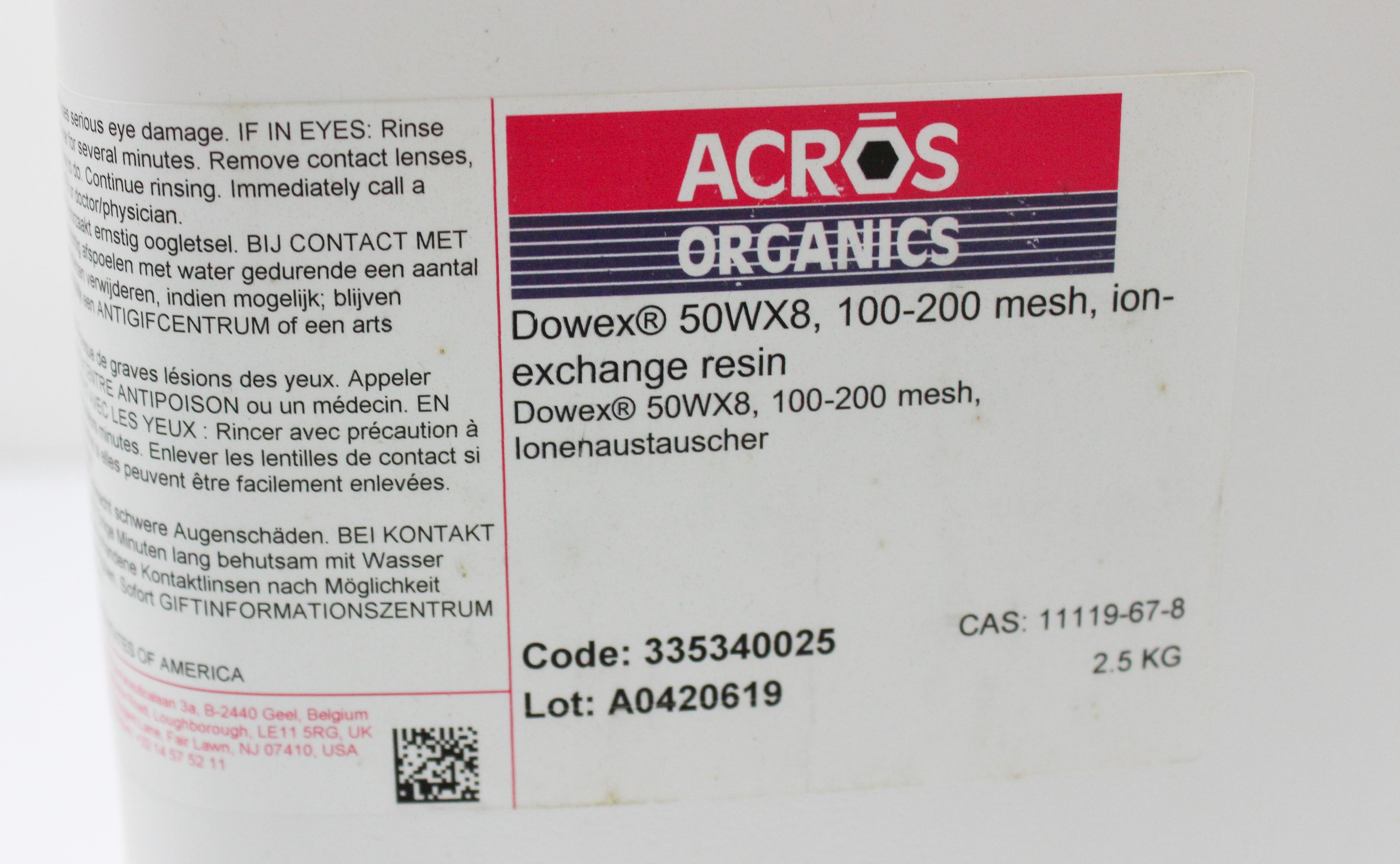 Acros Organics Dowex 50WX8 New Ion-Exchange Resin 100-200 Mesh 2.5kg