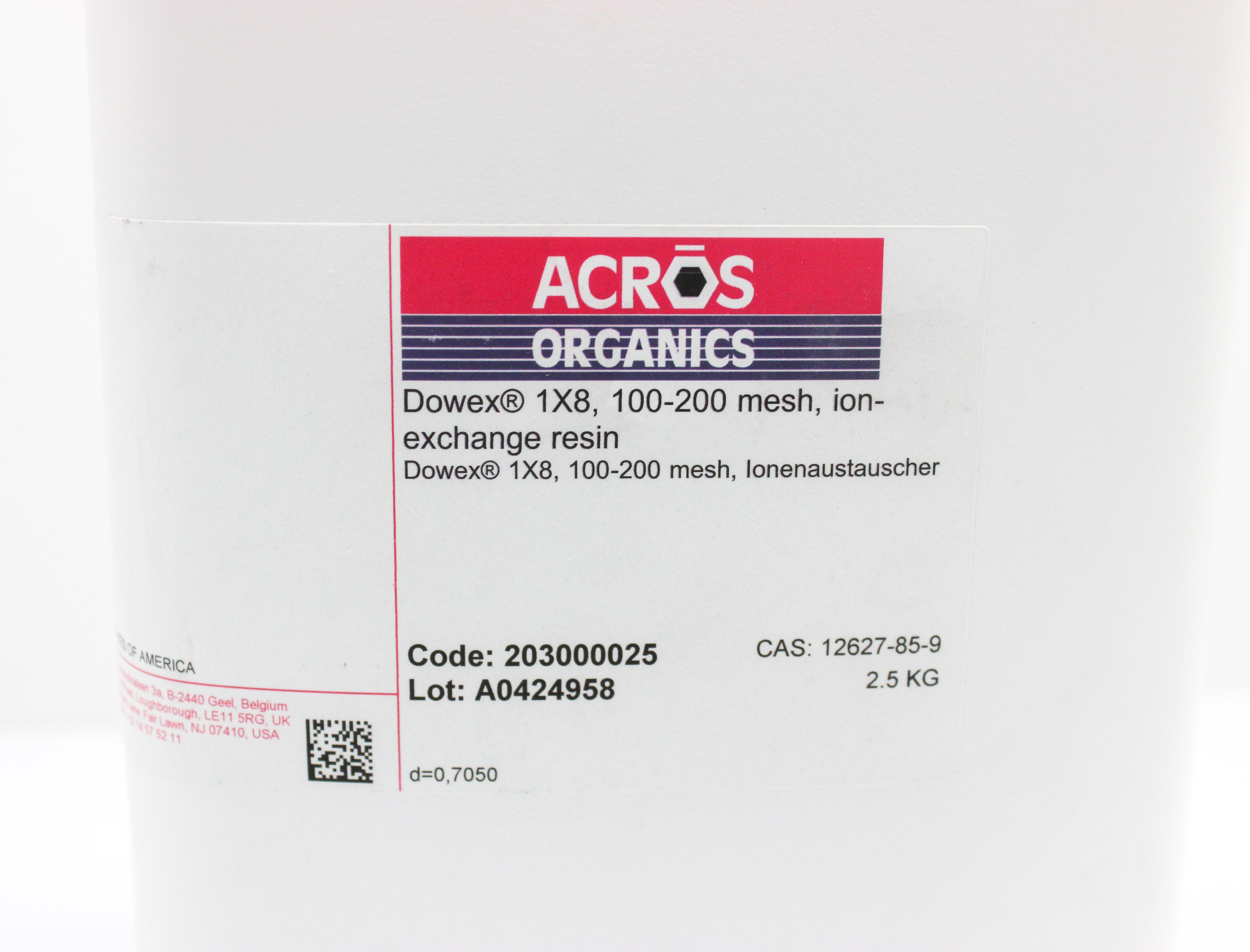 Acros Organics Dowex 1X8 Ion-Exchange Resin 100-200 Mesh 2.5Kg Basic Anion Separator