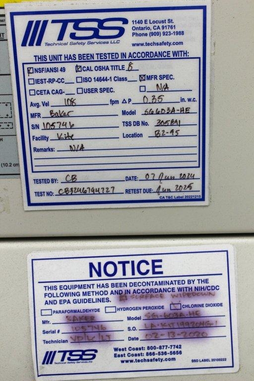 The Baker Company SG603A-HE Class II Biosafety Cabinet, HEPA Filter, Energy Efficient