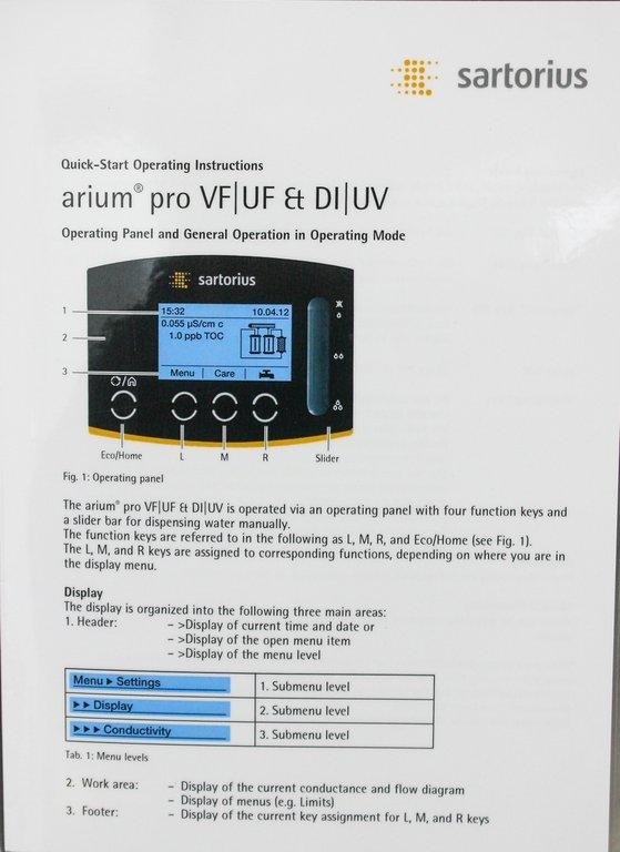 Sartorius H20PRO-VF-B Water Purification System 120L/h Wall-Mounted Arium