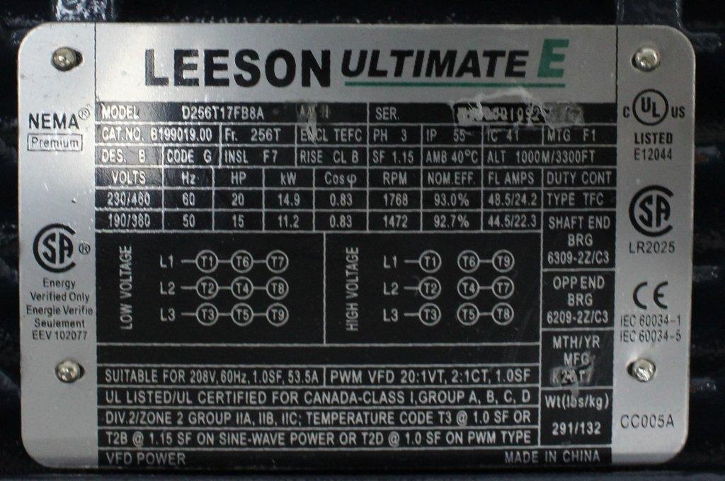 Leeson D256T17FB8A Motor 20HP 3-Phase 1800 RPM 230/460V TEFC Cast Iron