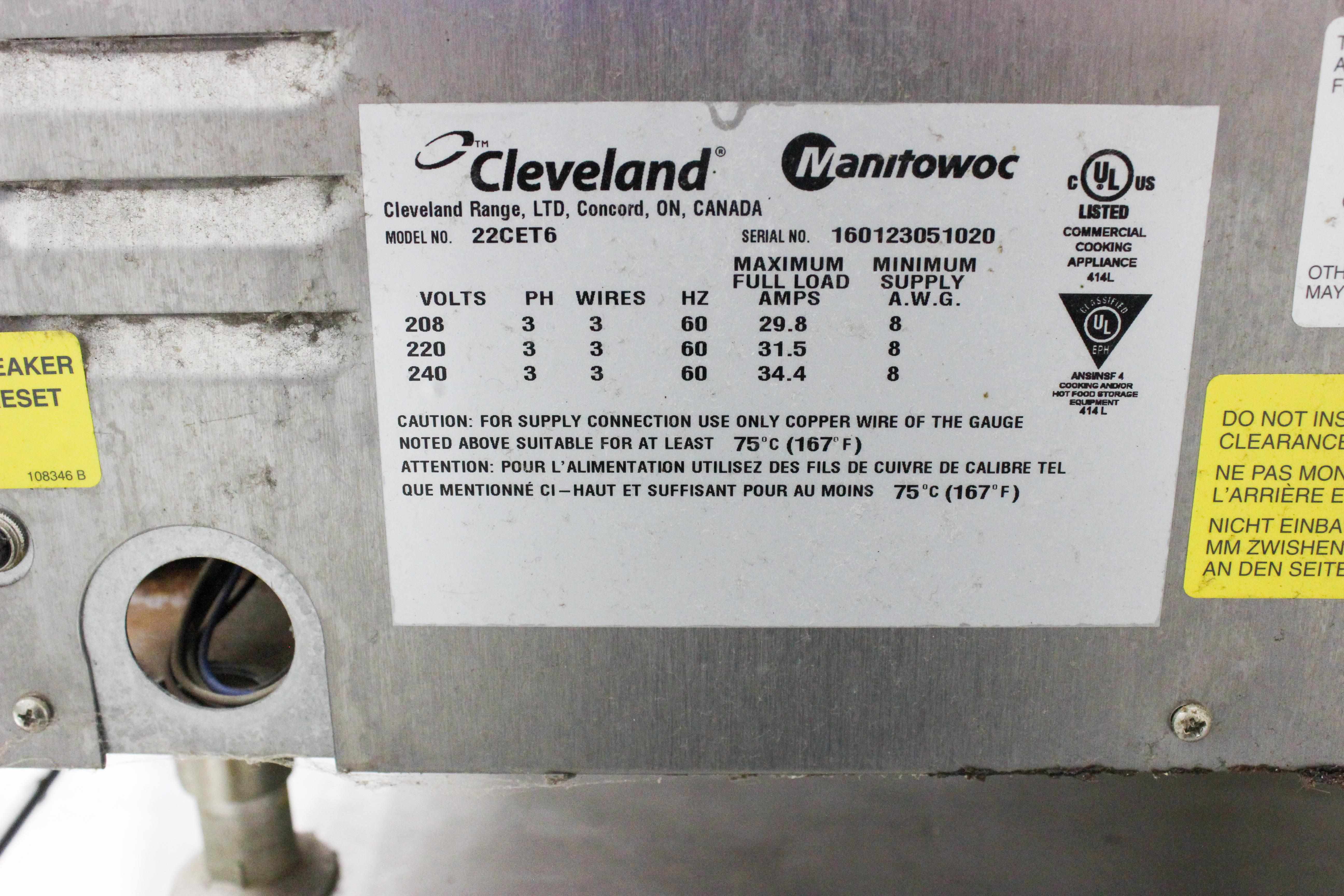 Cleveland 22CET6 Convection Steamer 6-Pan Commercial Kitchen Equipment