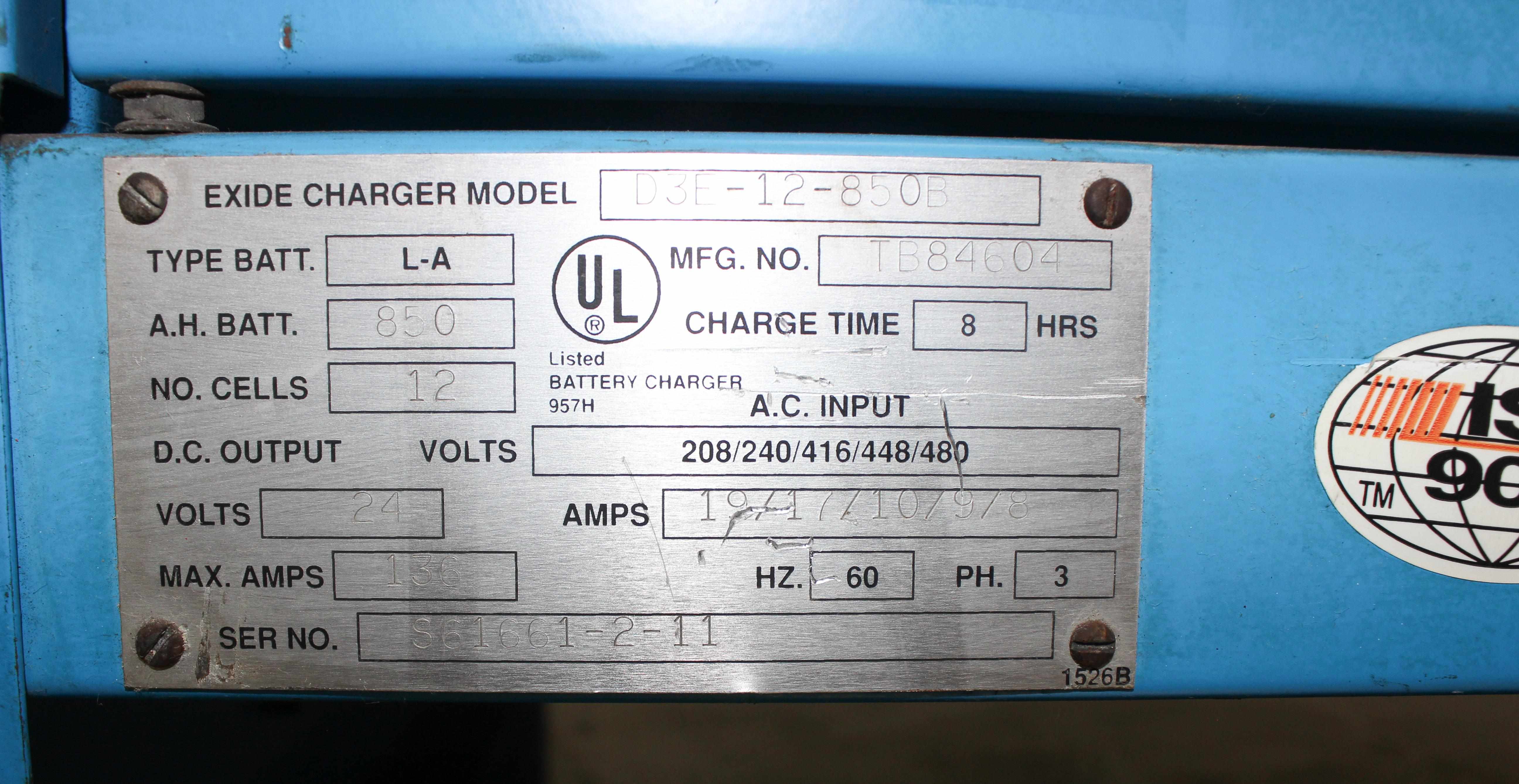 Exide D3E-12-850B Battery Charger Industrial Depth Lead-Acid 850AH 24V Fair