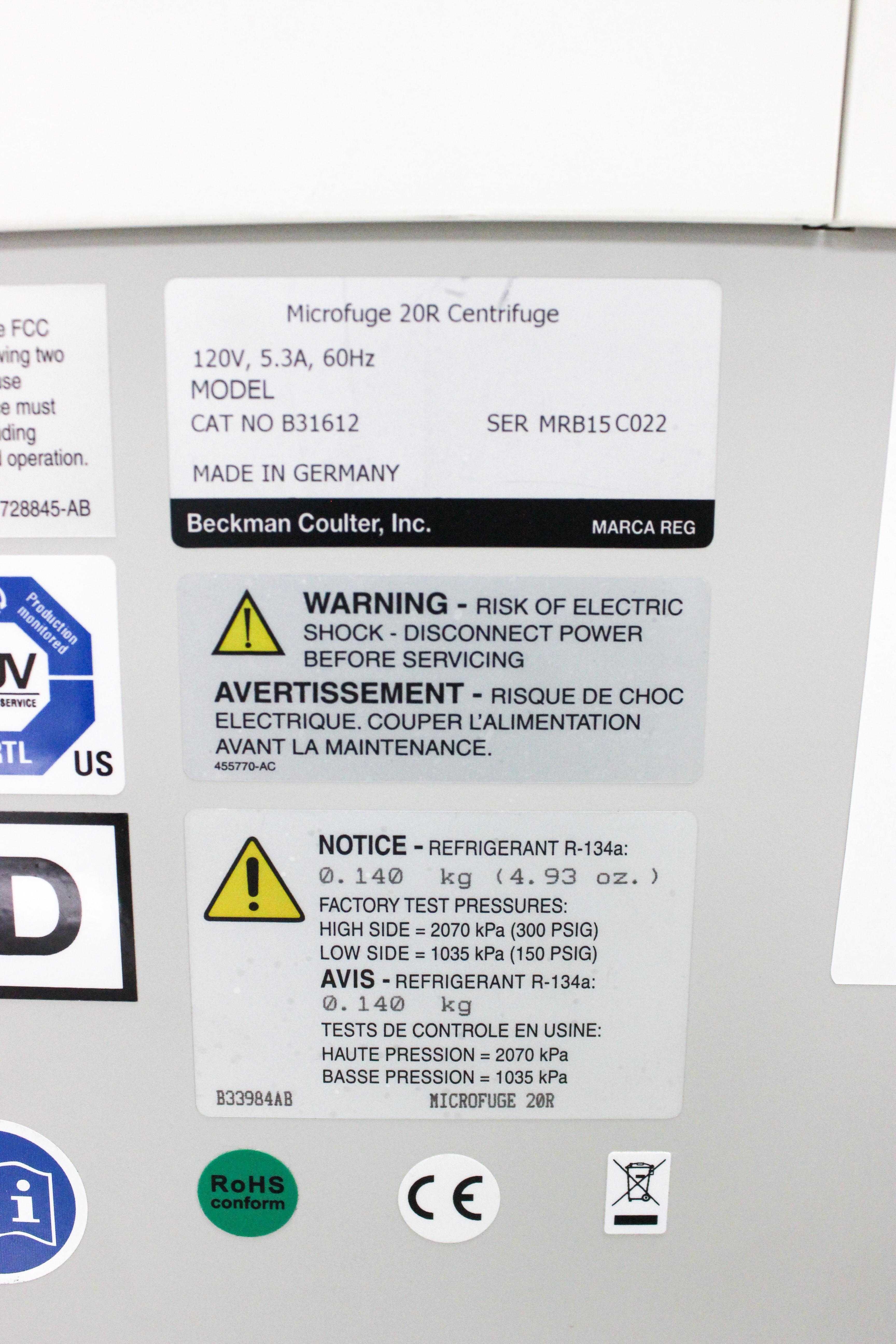 Beckman Coulter Microfuge 20R Centrifuge 15000 RPM, -10C to 40C, 48ml Max