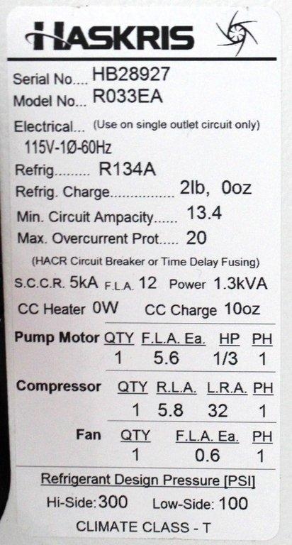 Haskris R033EA Chiller / Heater Industrial Cooling Unit Faulty Compressor 115V