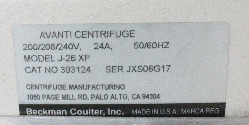 Beckman Avanti J-26 XP Floor Centrifuge 6L 82000g High Throughput 208V