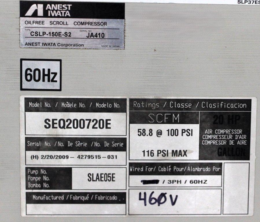 Powerex SEQ200720E 20HP Compressor 58.8 SCFM 116 PSI Oil Free Clean Air