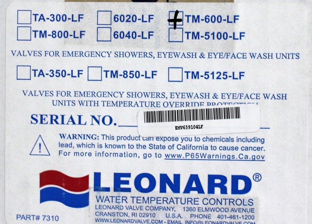 Leonard TM-600 Thermostatic Emergency Water Mixing Valve 58GPM Adjustable