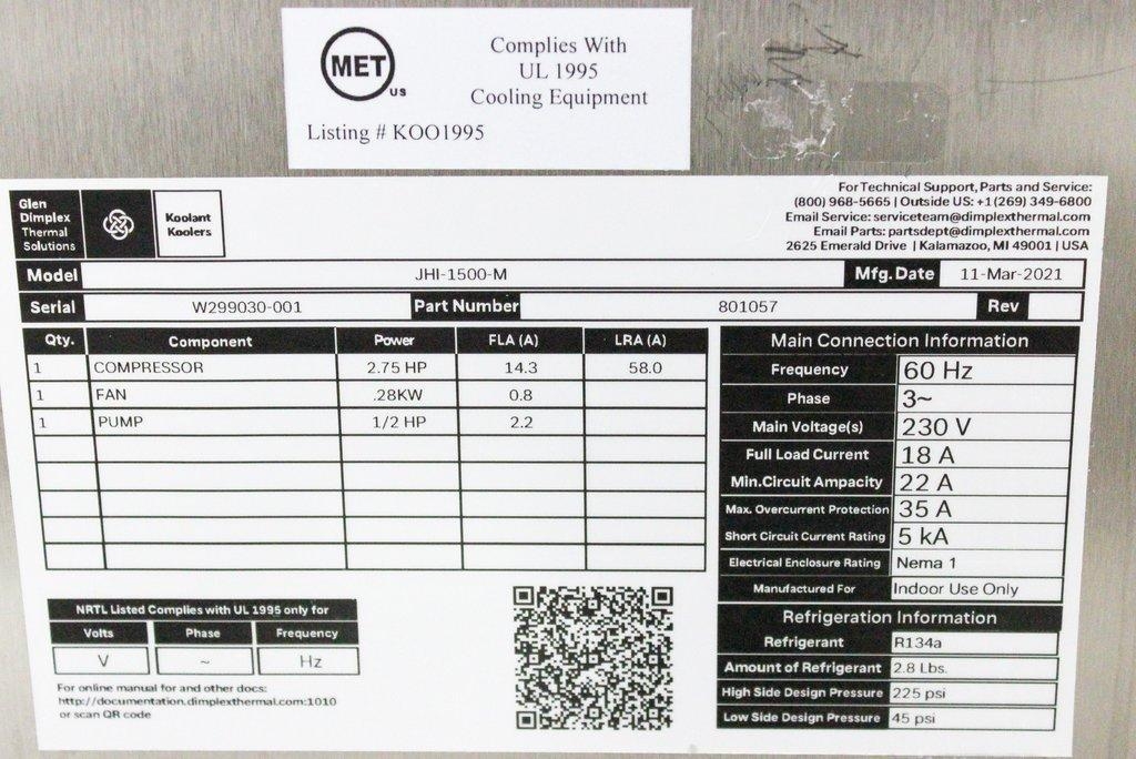 Glen Dimplex JHI-1500-M Chiller/Heater Air-Cooled 1.5 Ton 230V Portable