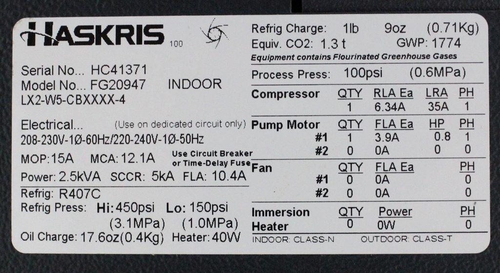 Haskris LX2-W5 Indoor Water Chiller R407C Refrigerant Tested Functional