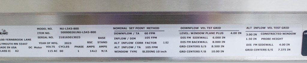 NuAire NU-L543-800 Biological Safety Cabinet, 8 Ft, Energy Efficient, Laminar Flow